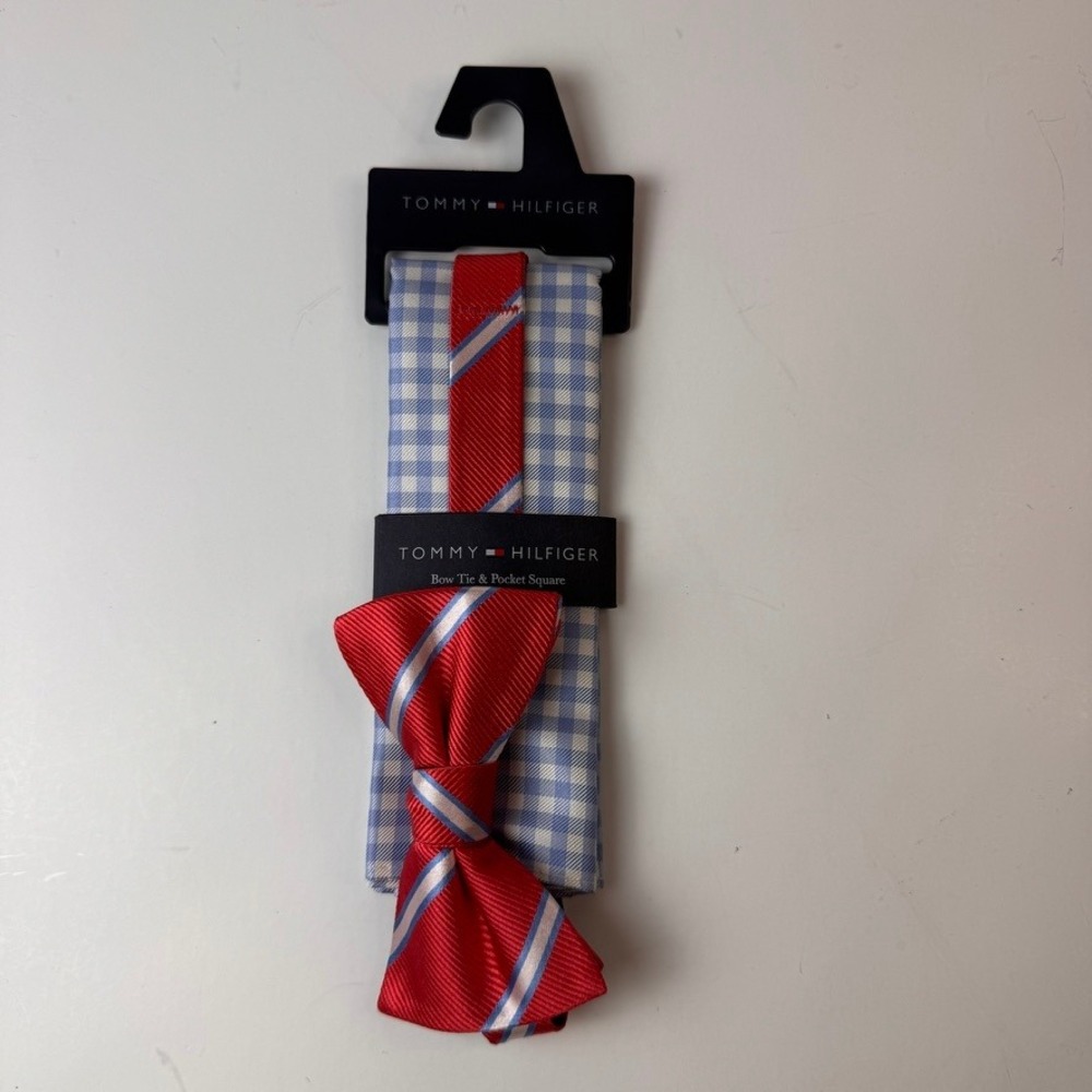 Tommy Hilfiger Bow Tie and Pocket Square Set Red Striped Blue Gingham New